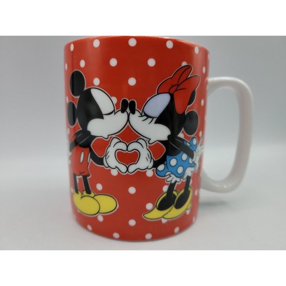 Disney Kissing Mickey & Minnie Mouse Mug Heart Polka Dot Red Valentine's Day - Picture 1 of 8